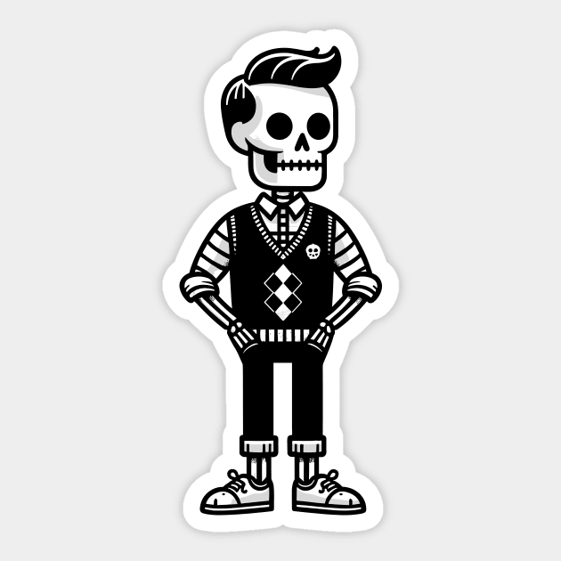 Minimalist Preppy Skeleton - Black and White Cartoon Sticker by Quirk Print Studios 